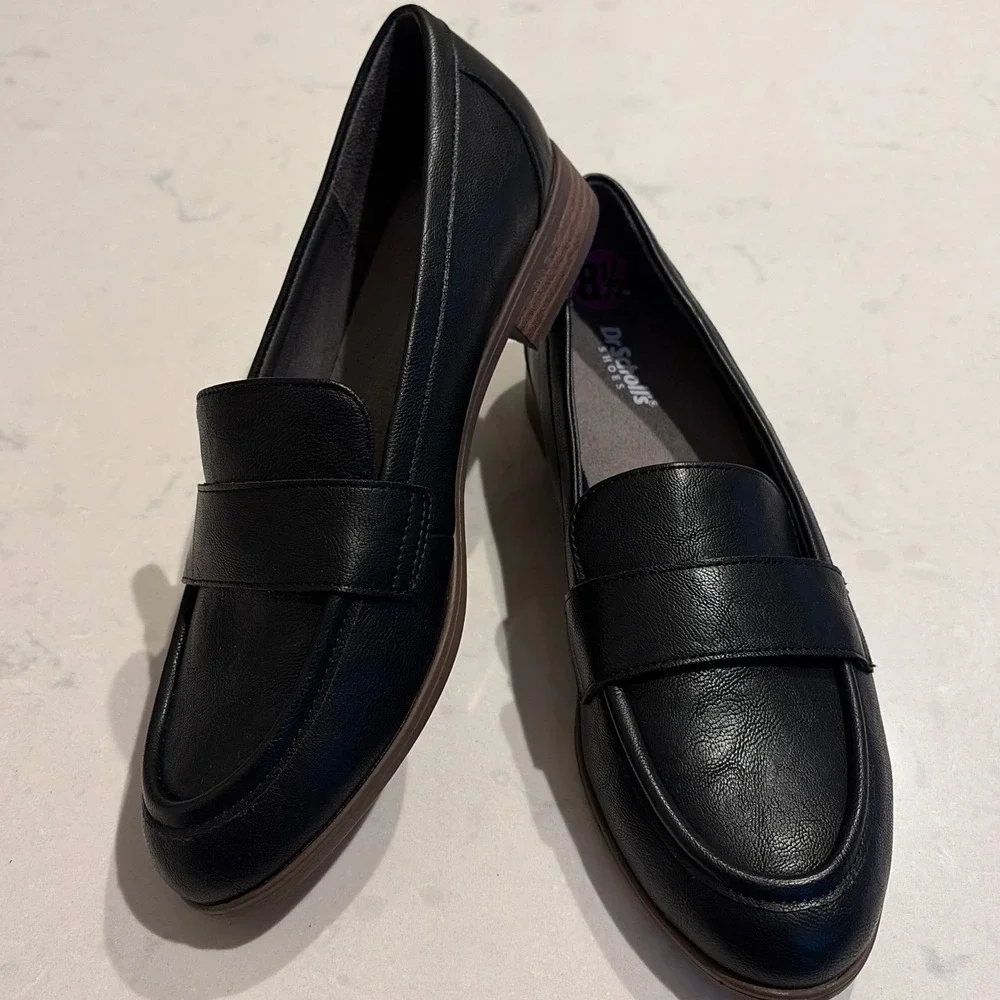 Dr Scholls Penny Loafers Women 8.5 Black Faux Leather Slip On Academic Preppy
